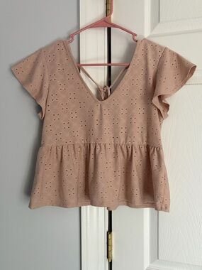 Pink Rose Blush Eyelet Peplum Top with Tie Back